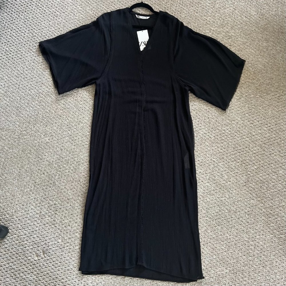 NWT Zara Black Woven Fringe Dolman Sleeve Kaftan Midi Dress